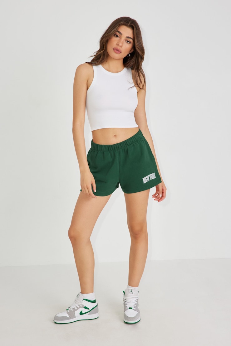 SoftTerry High Rise Shorts, Varsity Green with "New York" Art, large