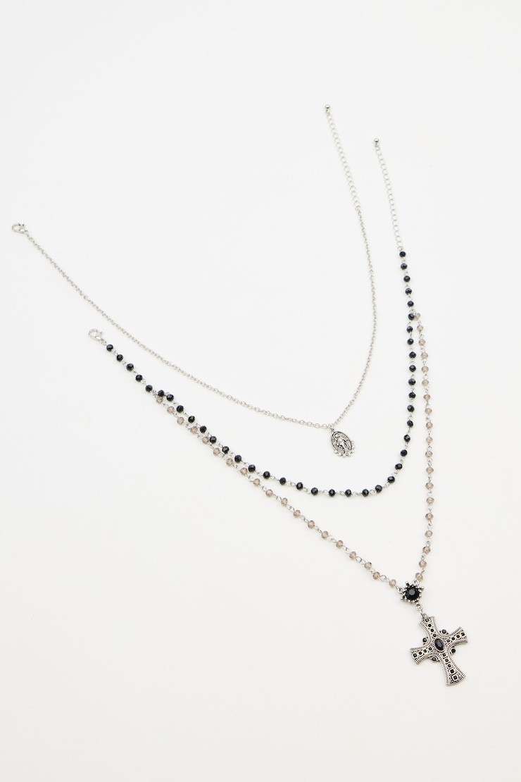 Set of 2 Mary & Rosary Necklaces, Silver/Black, large