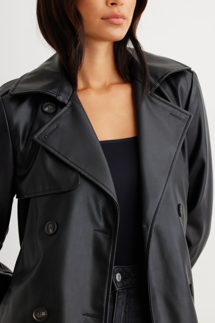 Short Faux Leather Trench Coat Black | Dynamite