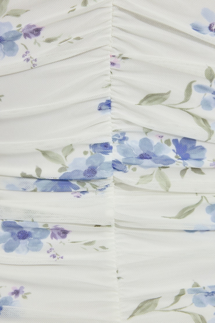 Ruched Mesh Mini Dress, White/Blue Floral, large
