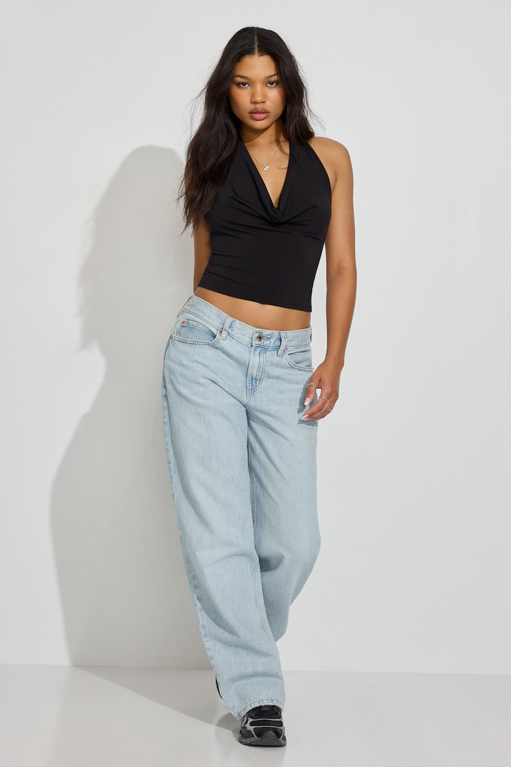 Deep Cowl Neck Halter Top, Jet Black, large