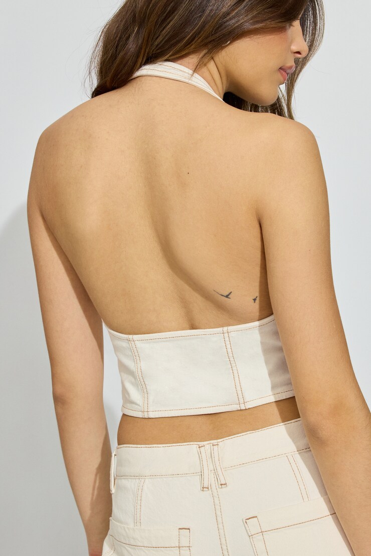 Buckled Denim Halter Top, Ecru, large