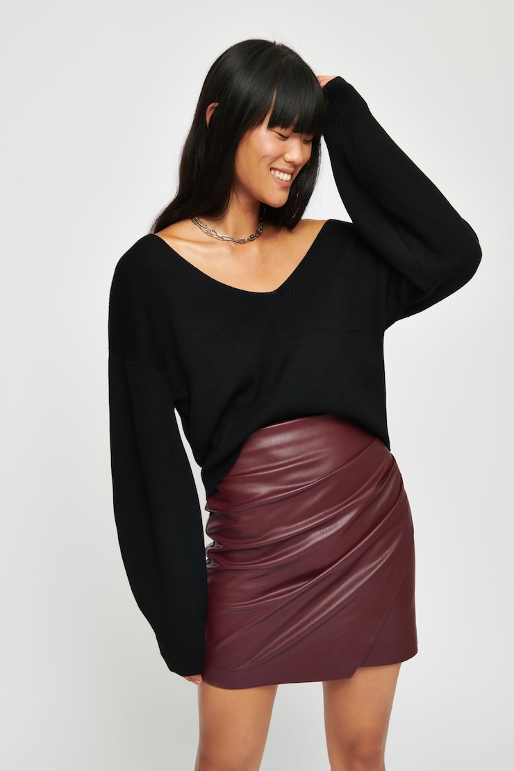 Calvin Ruched Faux Leather Skirt Wine Red large