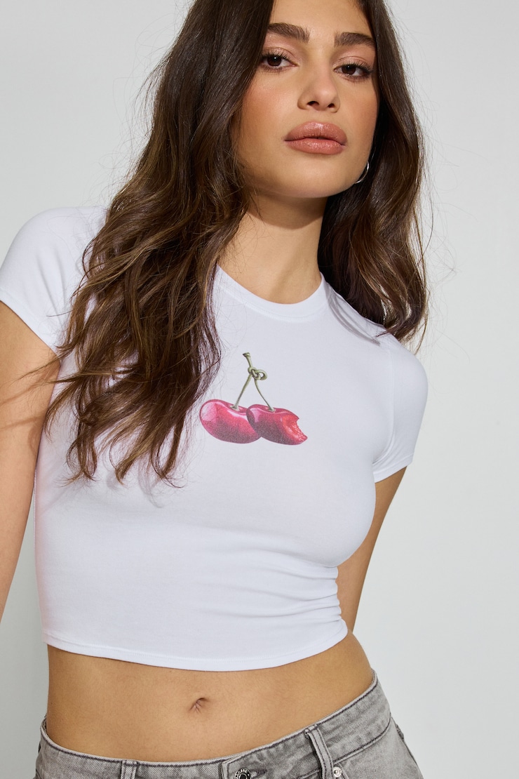 SuperSoft Cropped Crewneck T-Shirt, Bright White with "Cherries" Art, large