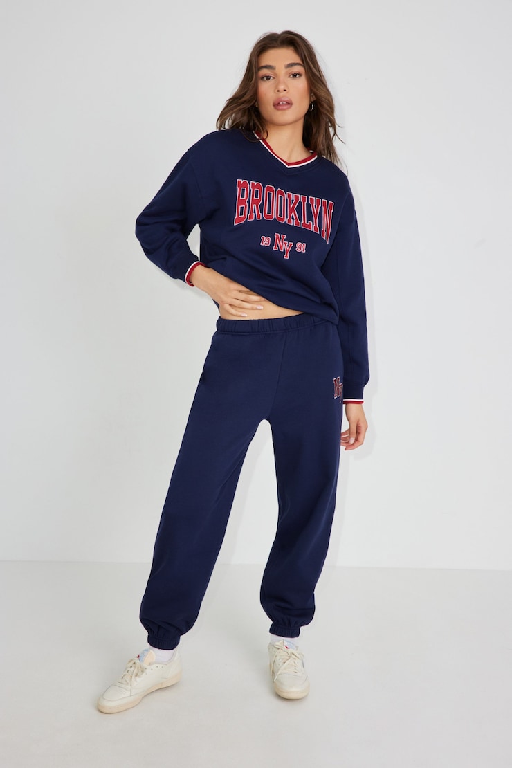 Oversized Tipping V-Neck, Maritime Blue with "Brooklyn" Art, large