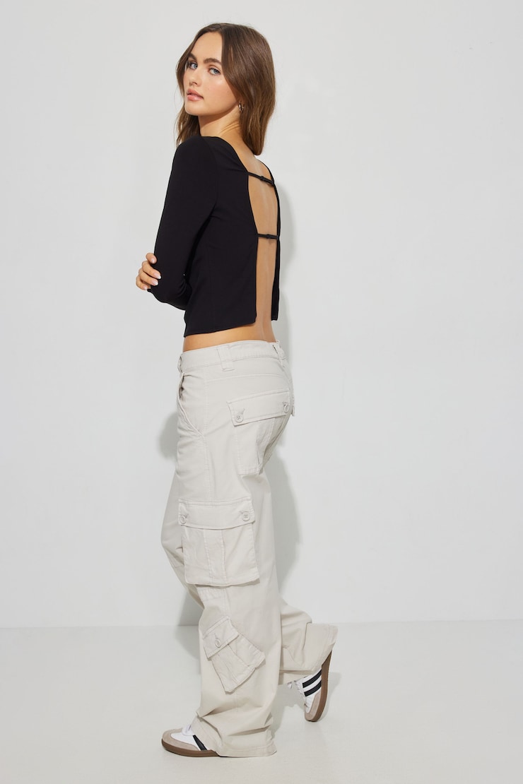 Boat Neck Open Back Long Sleeve, Jet Black, large