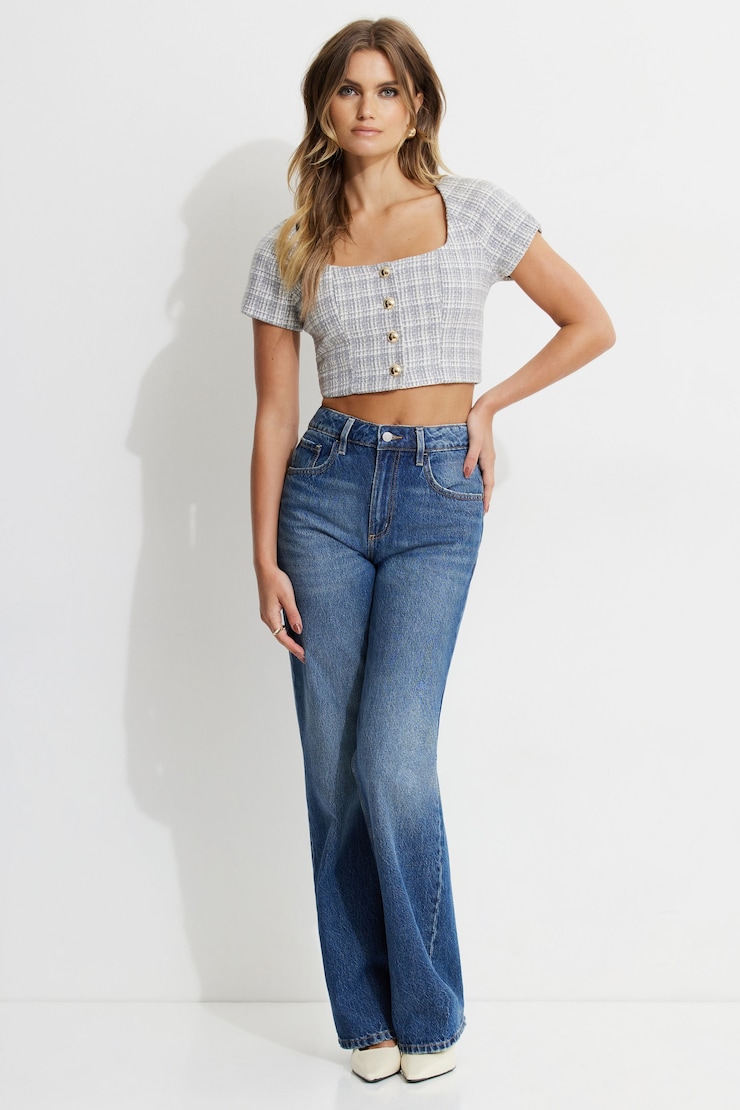 Cropped Tweed Blouse Grey Plaid large