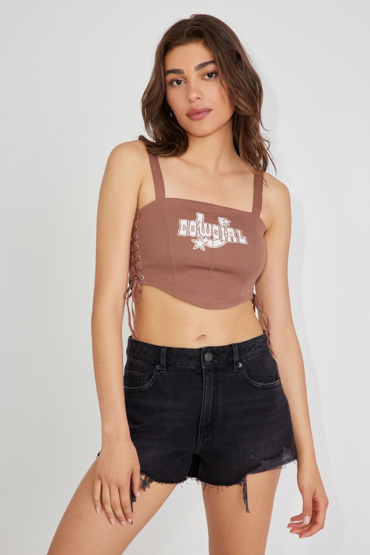 Corset Tank Top, Acorn Brown with "Cowgirl" Art, large