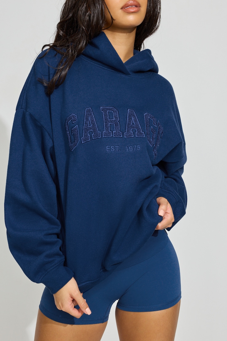UltraFleece Hoodie, Midnight Blue with "GARAGE" Art, large