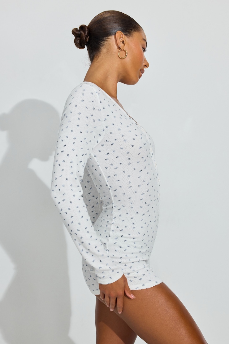 Pointelle Romper, White/Blue Ditsy Print, large