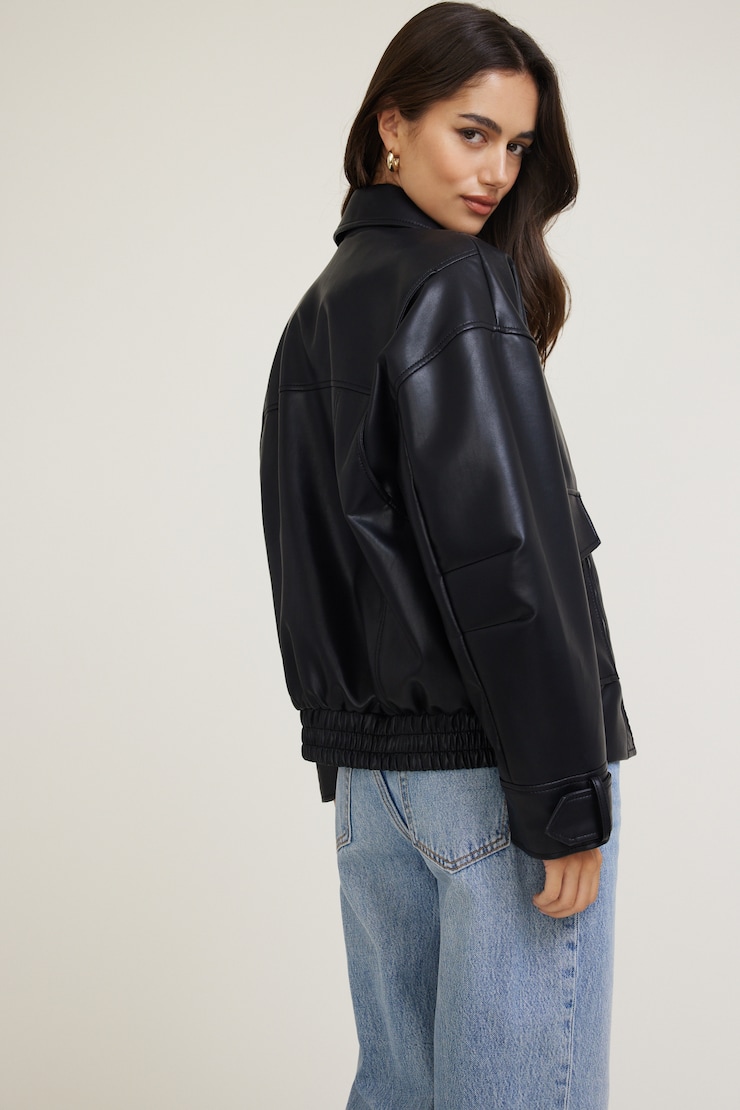 Oversized Faux Leather Aviator Jacket Black | Dynamite