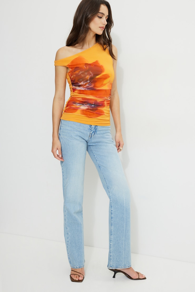 Printed Off Shoulder Mesh Top Amber Fleur Orange large