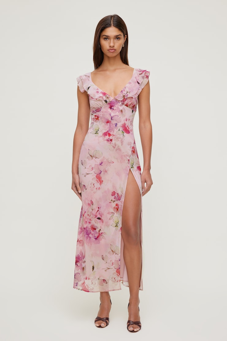Floral Ruffle V Neck Maxi Dress