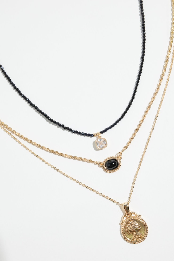 3-Pack Medallion & Glass Bead Necklaces Clear/Gold/Black large