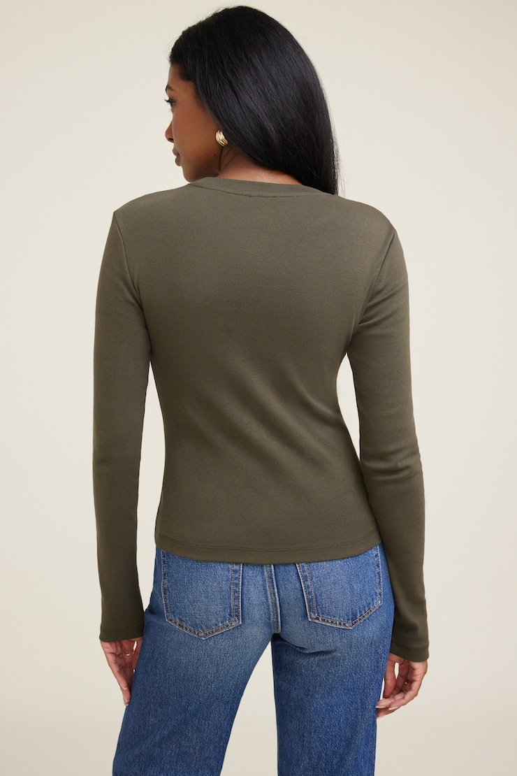 Slim Cotton Long Sleeve T Shirt Tropical Moss Khaki large