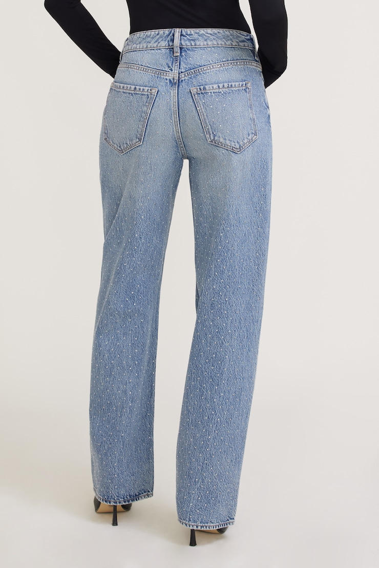 Mika Rhinestone Mid Rise Relaxed Straight Leg Jeans Medium Indigo / Rhinestone Miles Away large