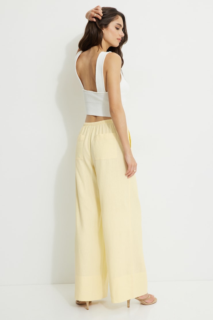 Pantalon à jambe large en lin Leo Jaune double-crème large