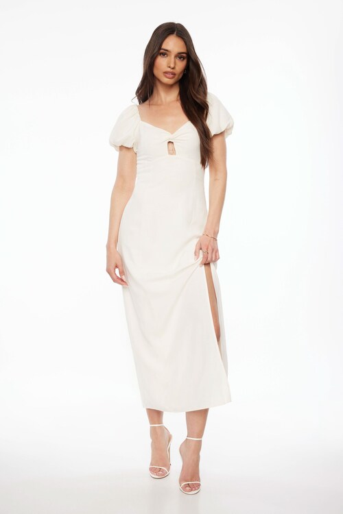 Puff Sleeve Linen Maxi Dress Beige | Dynamite