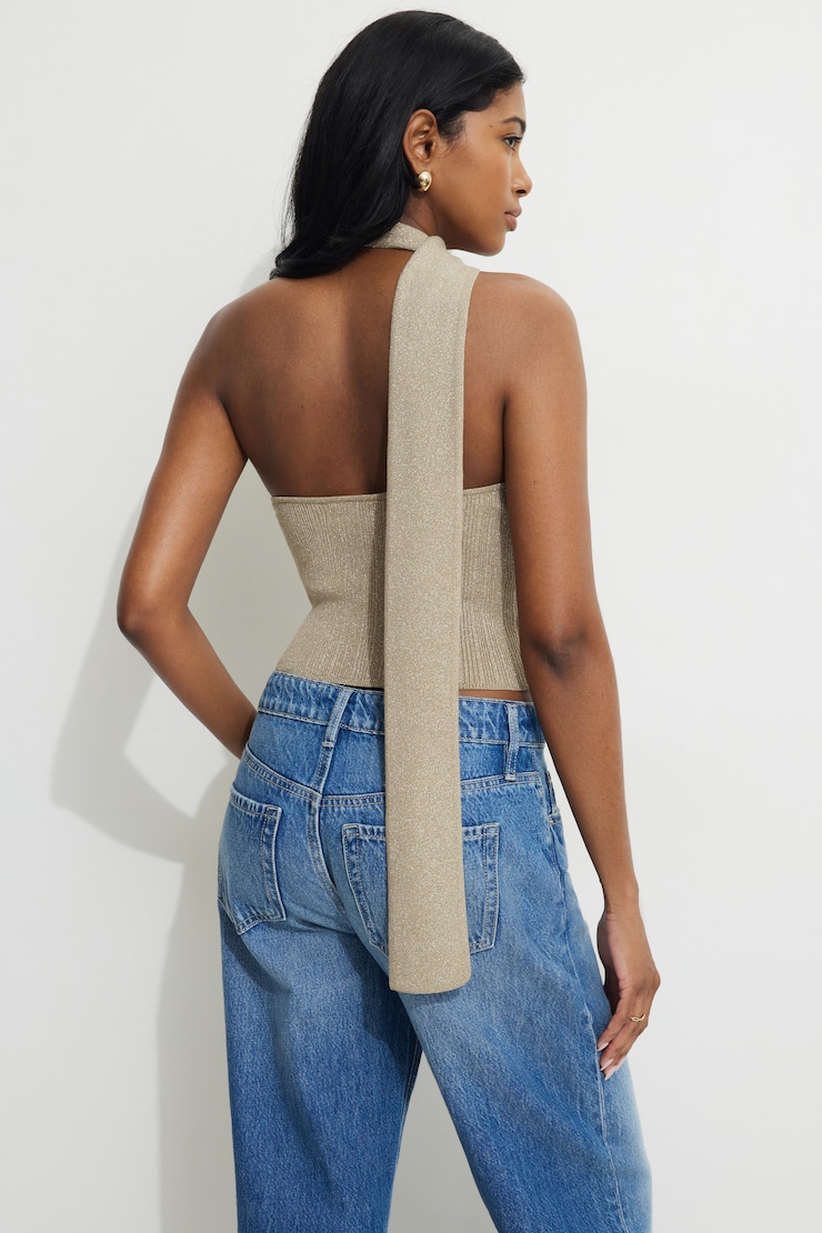 Ribbed Metallic Single Shoulder Scarf Top