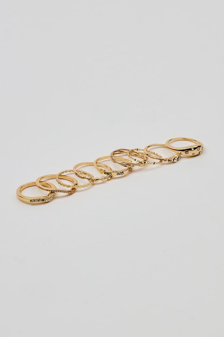 Set of 9 Gemmed & Textured Rings, Clear/Gold, large