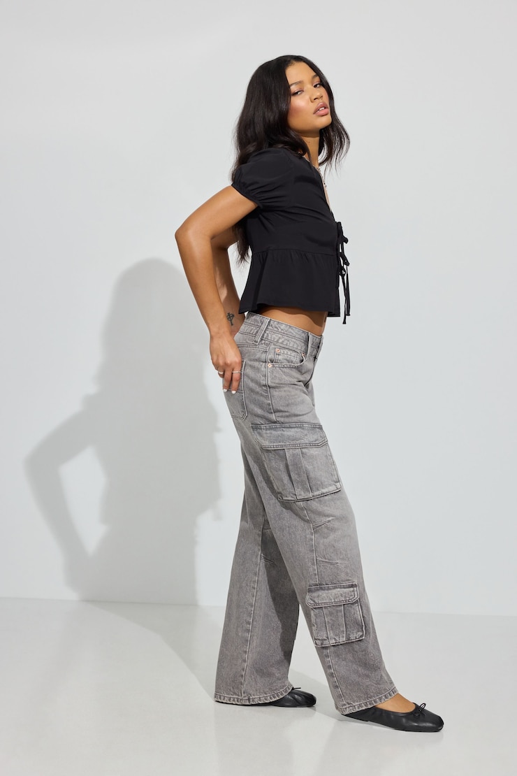 High Rise Wide Cargo Jeans, Pewter Grey, large