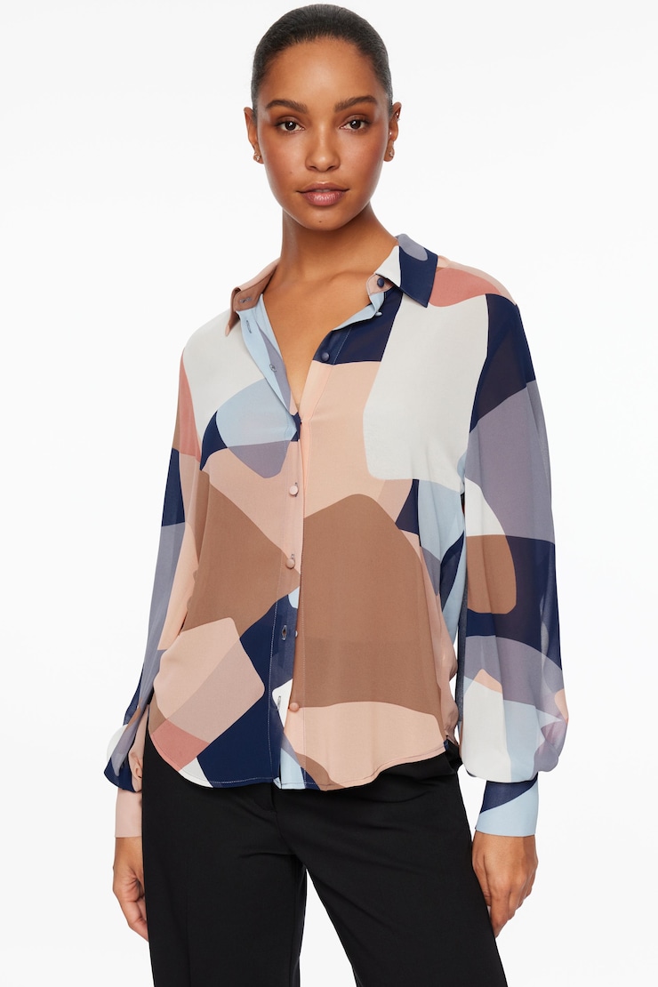 Sheer Balloon Sleeve Blouse Blue Abstract | Dynamite