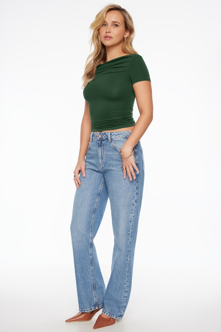 Hana Off Shoulder Shirred T Shirt Garden Kale Green large