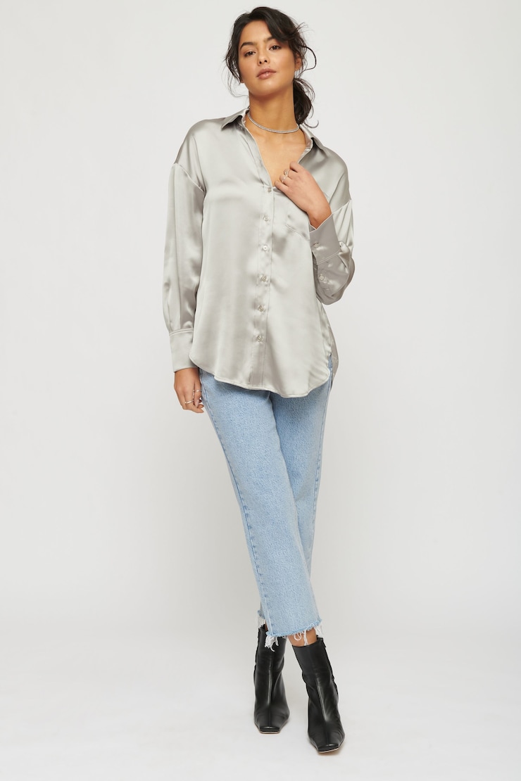 Frida Satin Oversized Shirt Silver Sage large