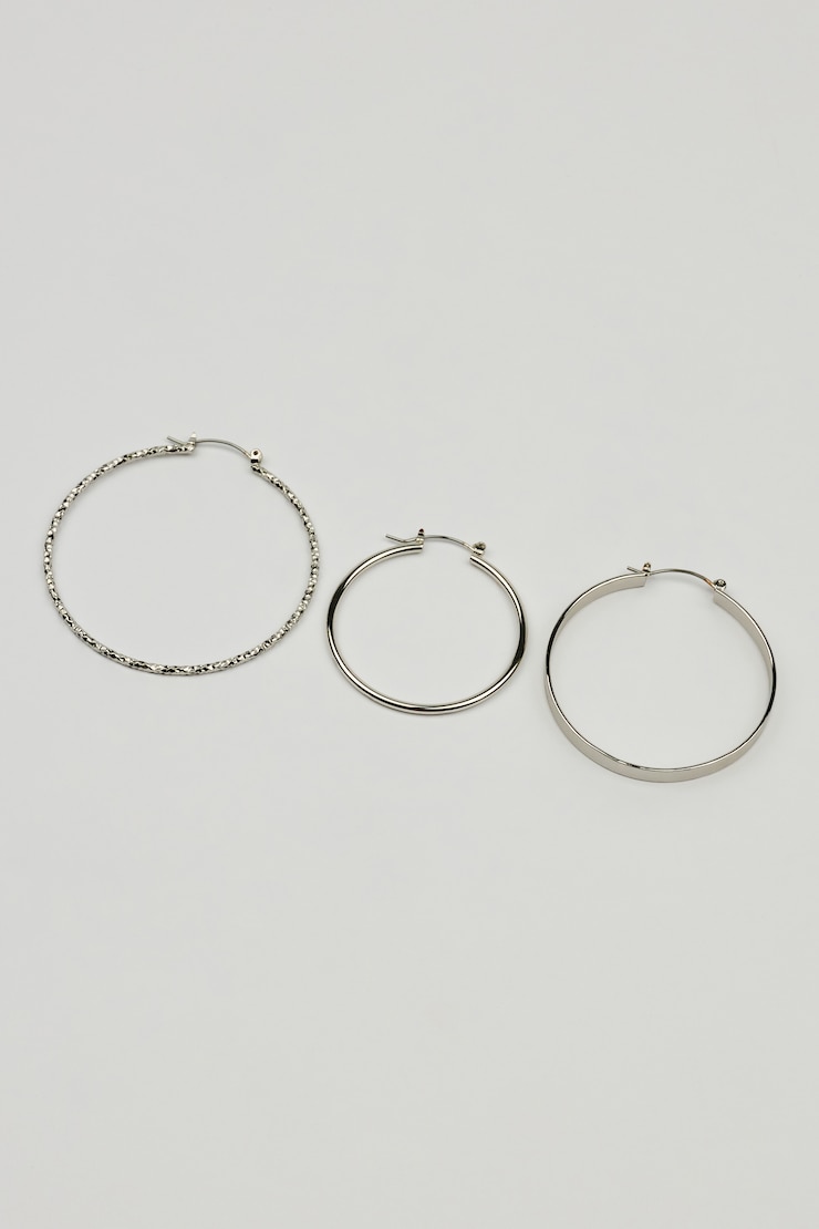 Ensemble de 3 paires d’anneaux lisses et texturés, Argent, large