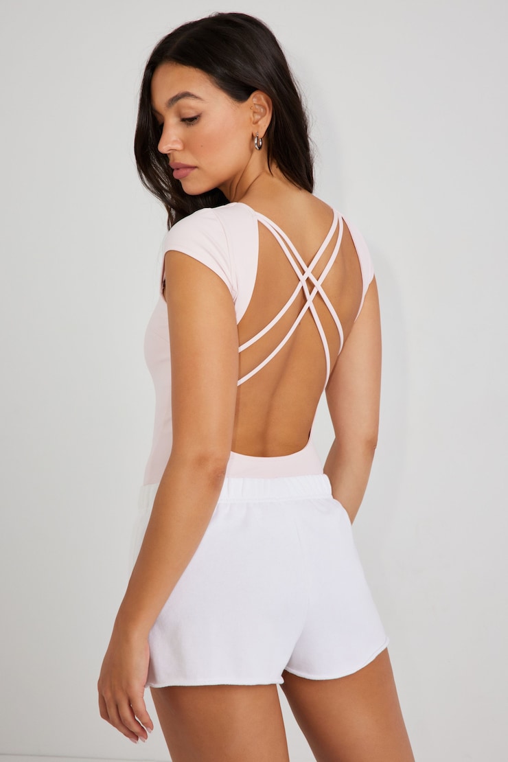 Strappy Scoop Neck Bodysuit, Chalk Pink, large