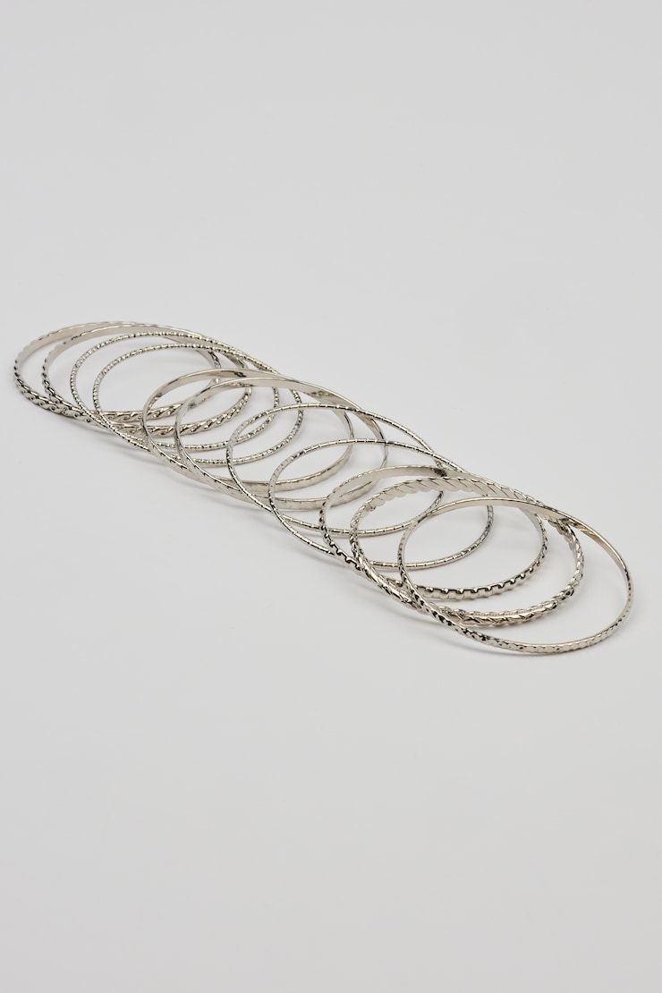 Set of 11 Textured Bangles, Silver, large