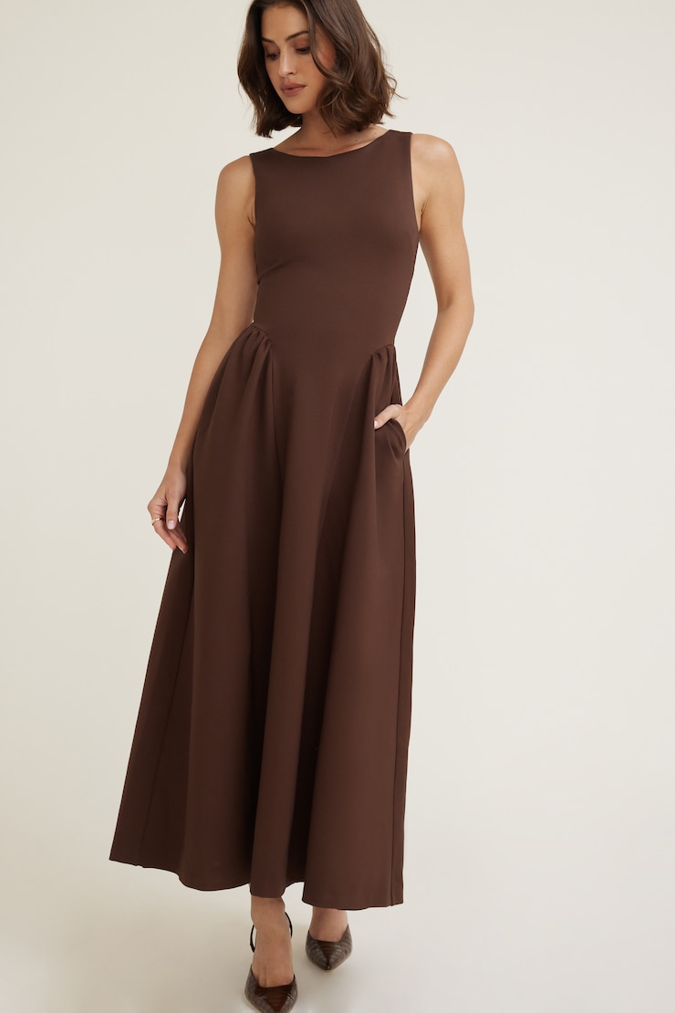 Iris Flared Ponte Maxi Dress Bitter Chocolate Burgundy large