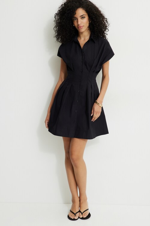 Flared Poplin Mini Shirt Dress Black | Dynamite