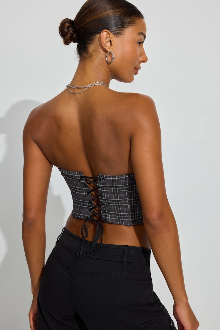 Lace Trim Strapless Bustier, Grey Plaid, large