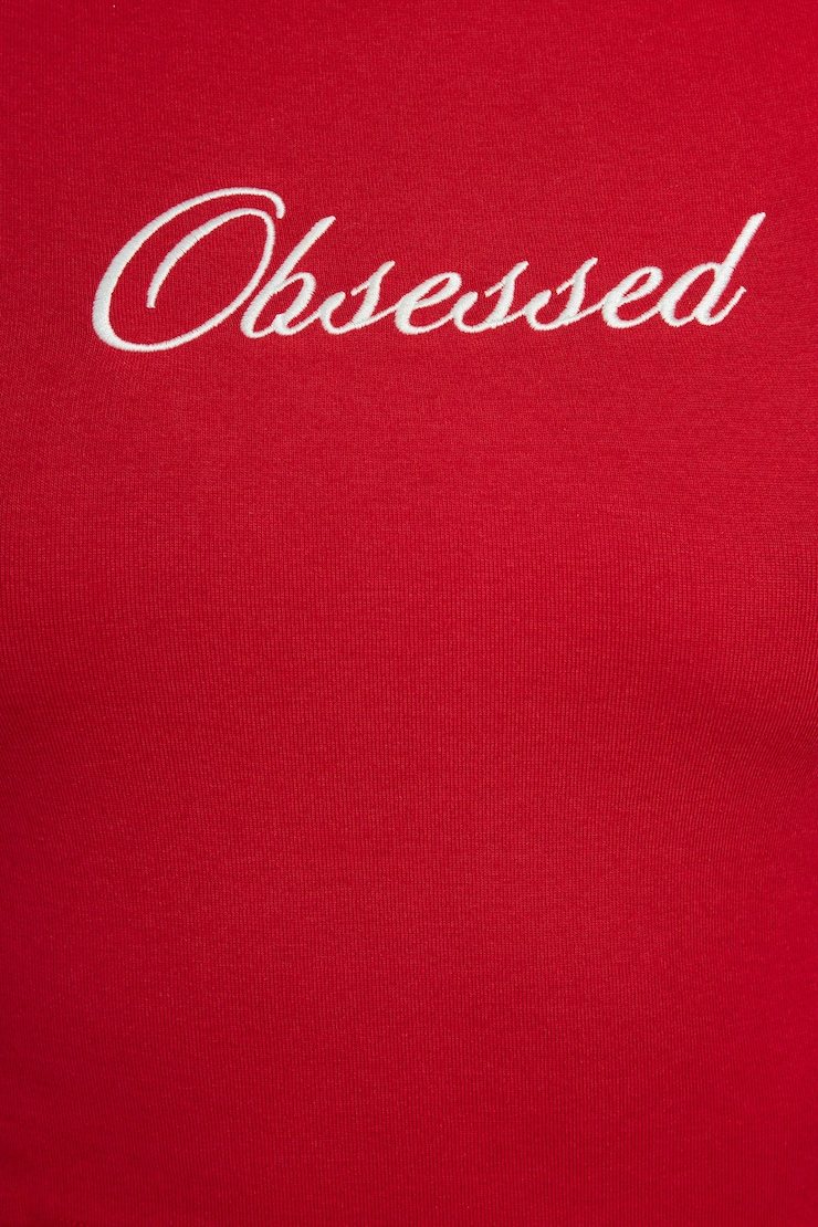 Stormi T Shirt, Chili Pepper Red with "Obsessed" Art, large