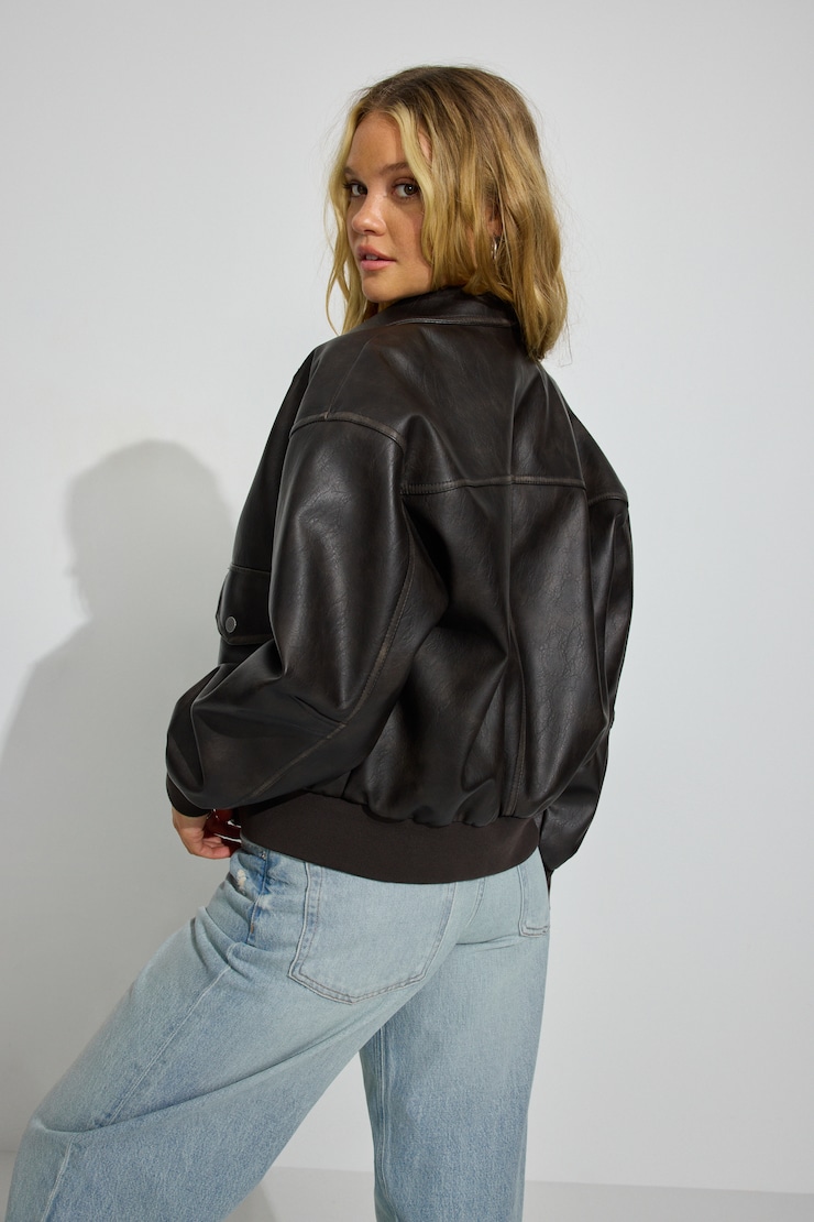 Vintage Faux Leather Jacket, Washed Brown, large