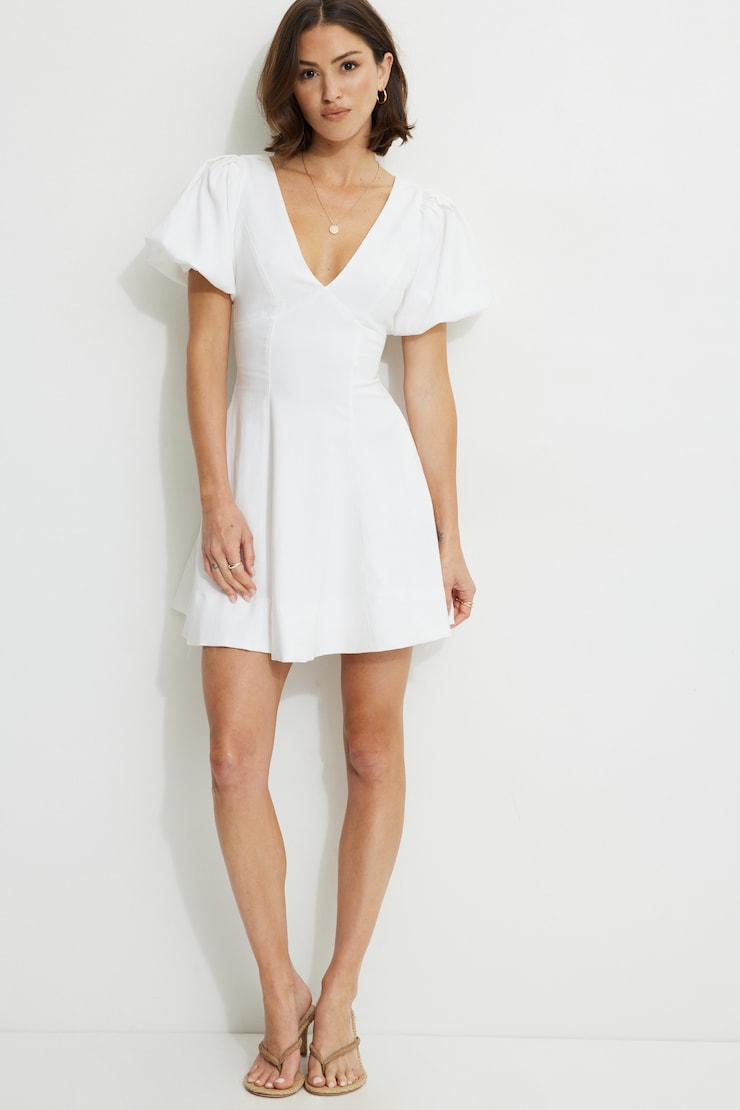 Flared Puff Sleeve Mini Dress Bright White large