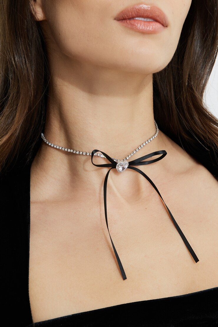 Heart & Ribbon Bow Choker Necklace Silver/Black large