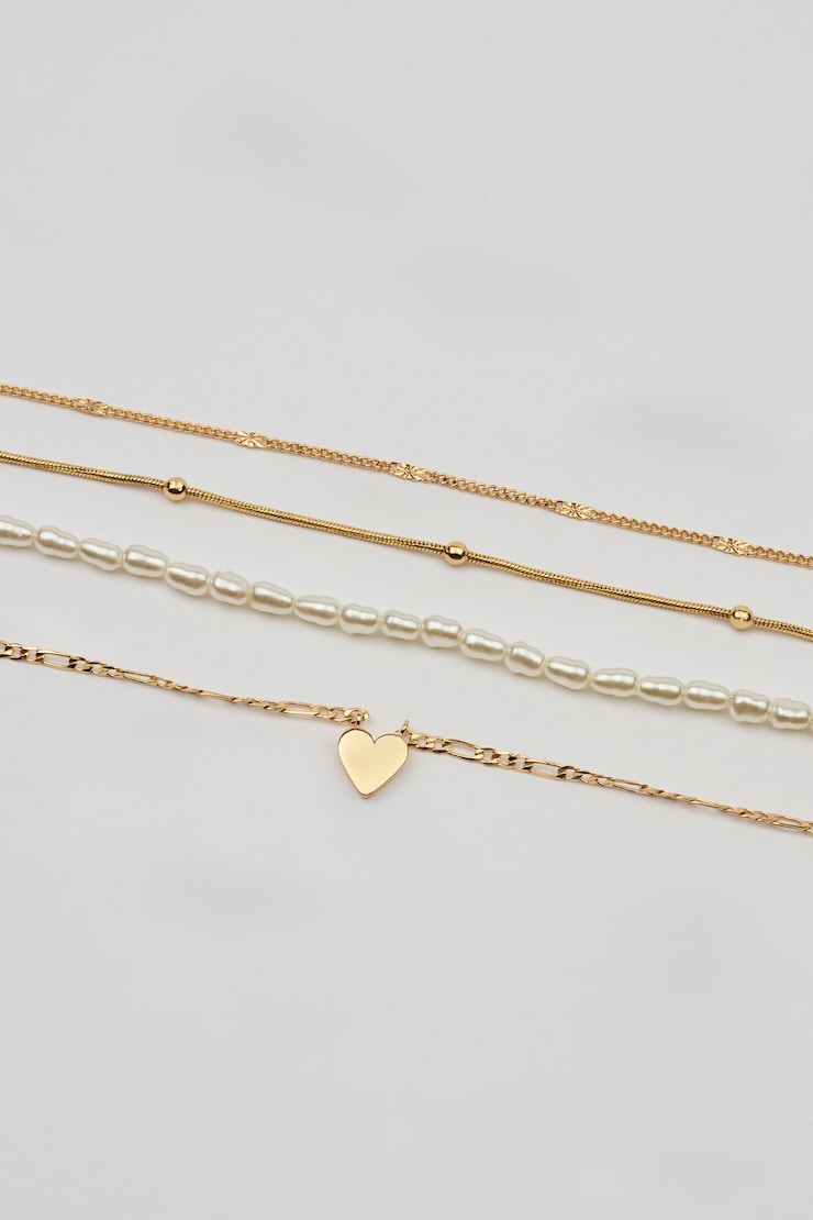 Set of 4 Heart & Pearls Necklaces, Gold, large