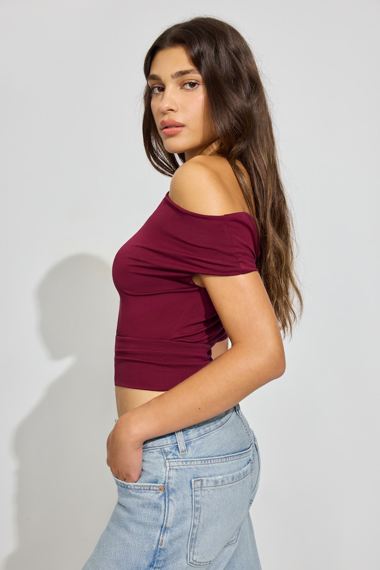 Off Shoulder Band Top, Sour Cherry Burgundy, large