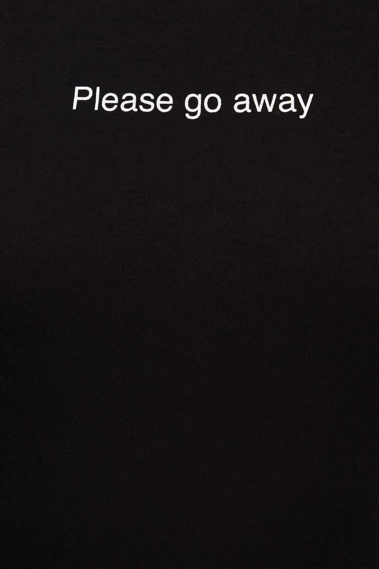 Estelle Longline Tee - Test July 14, Jet Black with "Go Away" Art, large