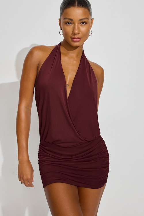 Mini Mesh Halter Dress - Garage - Burgundy - Women Clothing Mini Mesh Halter Dress - Garage - Burgundy - Women Clothing