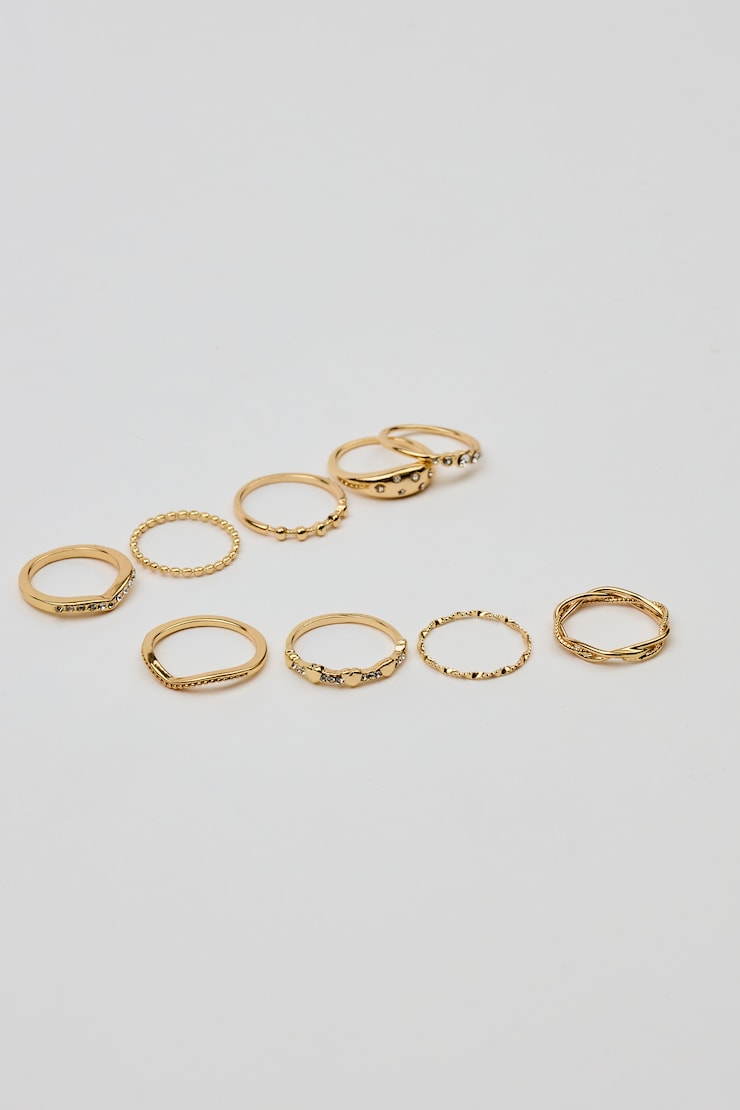 Set of 9 Gemmed & Textured Rings, Clear/Gold, large
