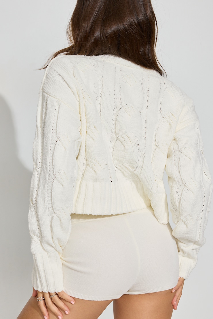 Chenille Cropped Cable Sweater, Tofu Off-White, large