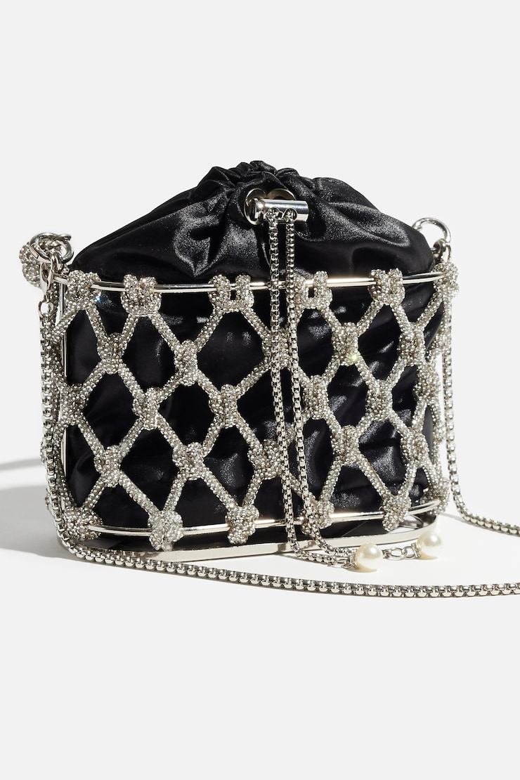 Sac seau en cordes ornées Argent/Noir large