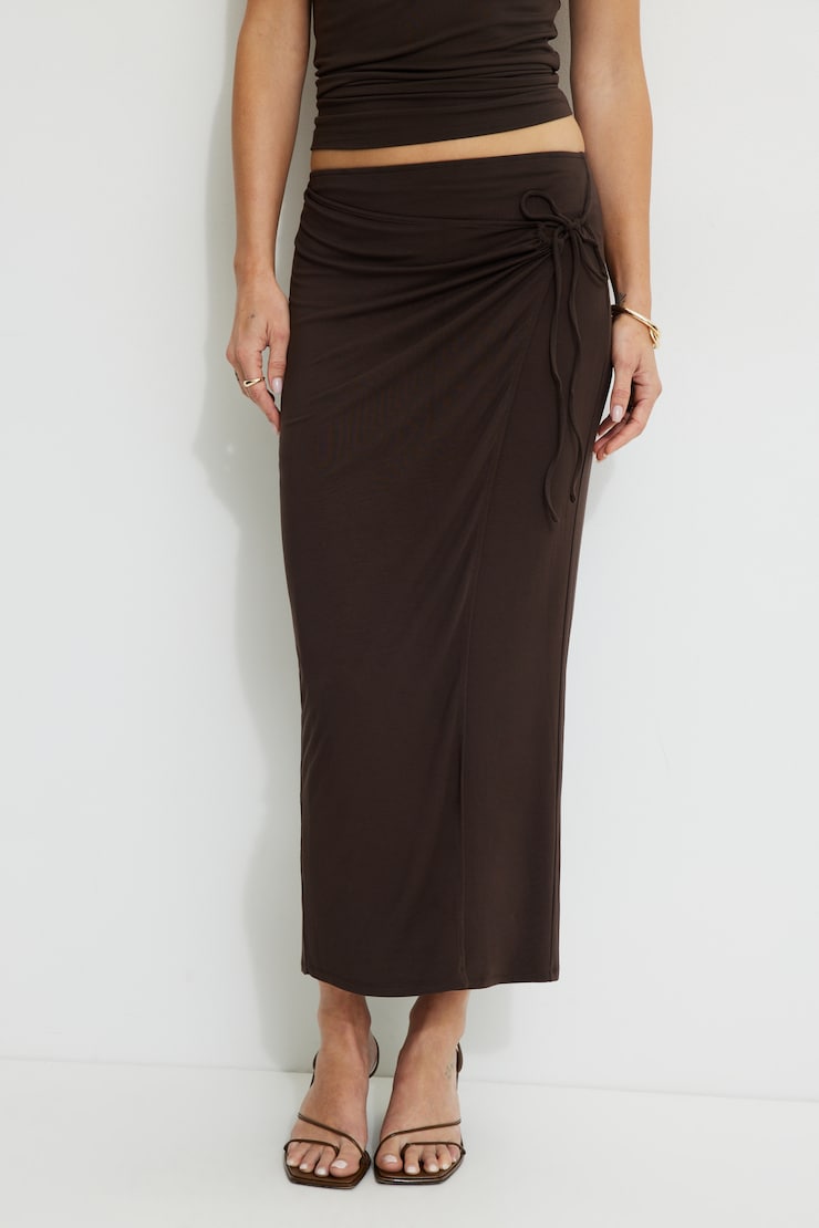 Jupe maxi portefeuille en jersey Brun café large