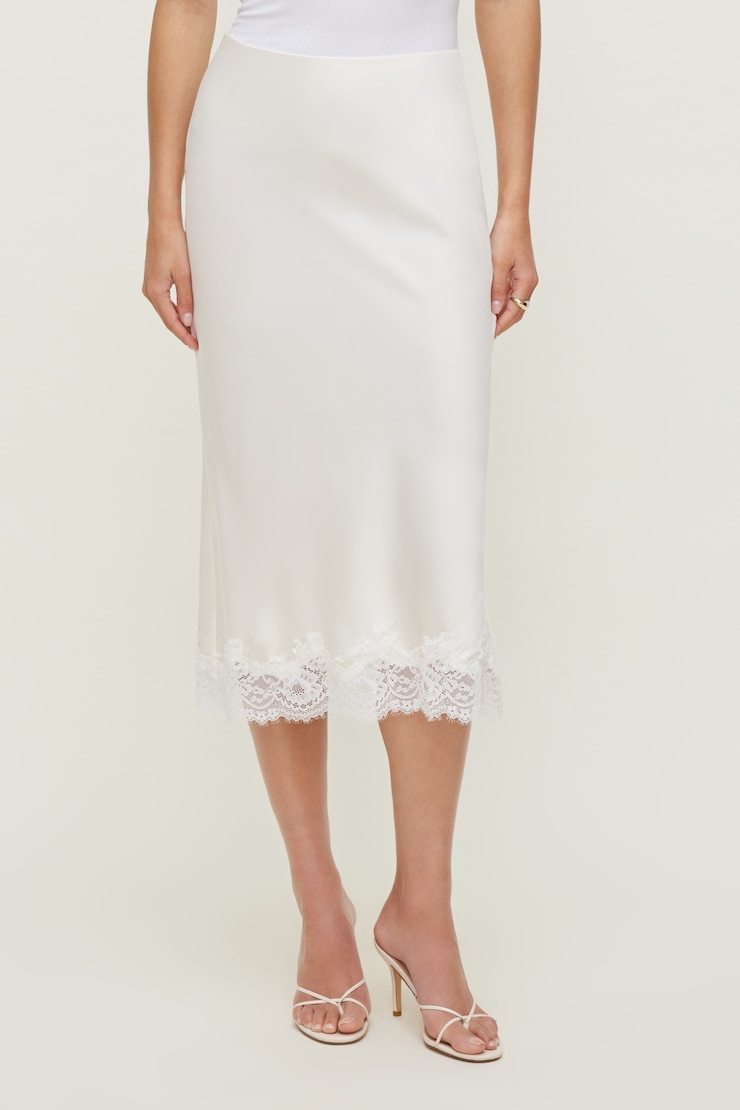 Jupe midi en satin et dentelle Crème sel de mer large