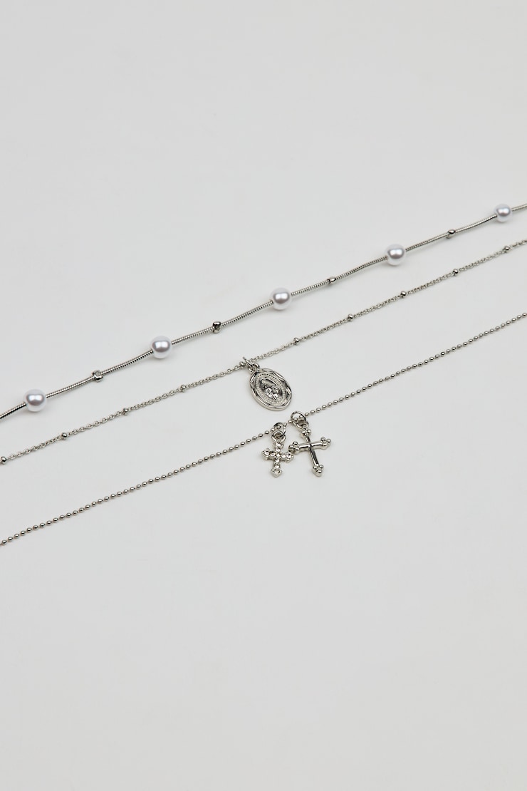 Set of 3 Pearl, Cross, and Pendant Necklaces, Off-White/Silver, large