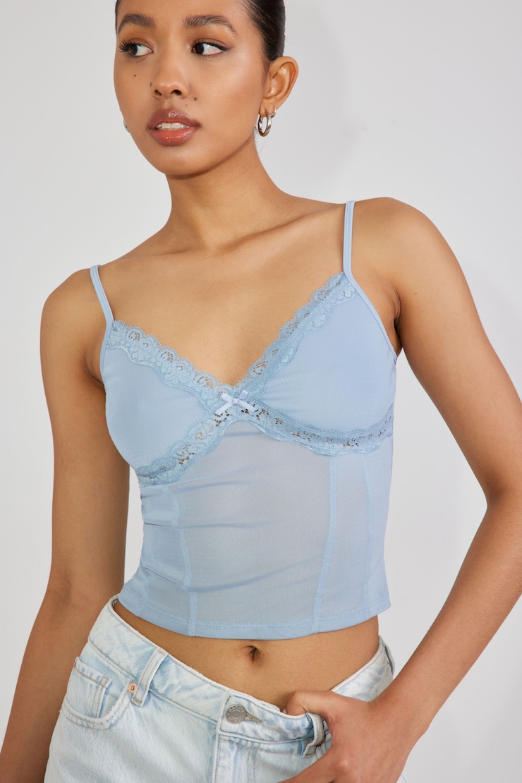 Lace Trim Mesh Cami, ASHLEY BLUE, large