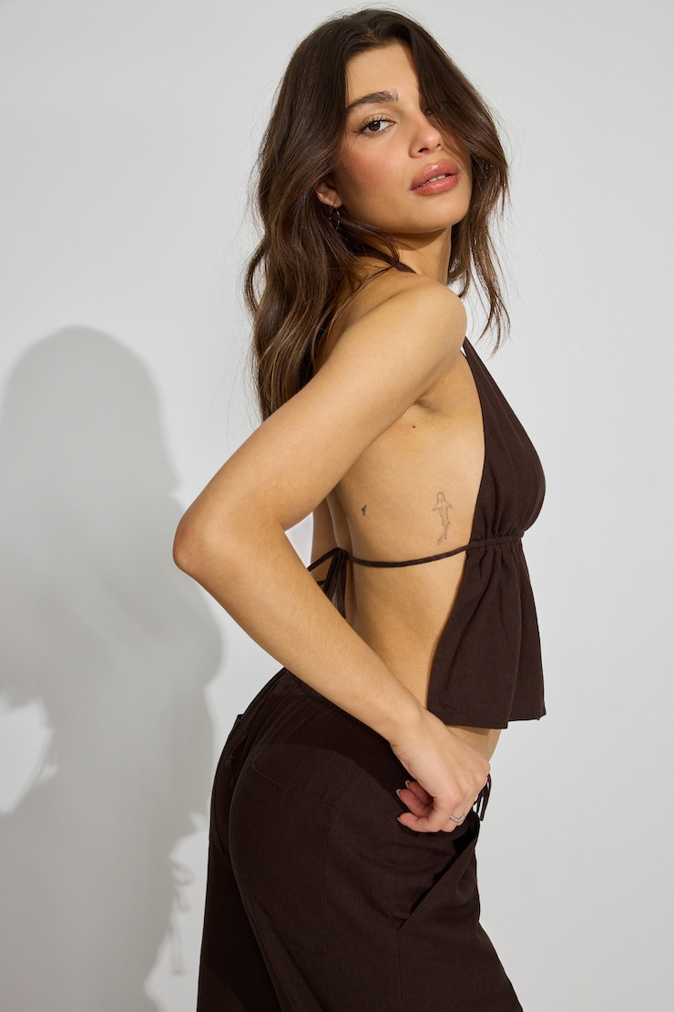 Linen Tie Back Halter Top, Armadillo Brown, large